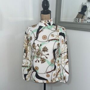 SHEIN NWOT White Long Sleeve Graphic Blouse with Mandarin Collar